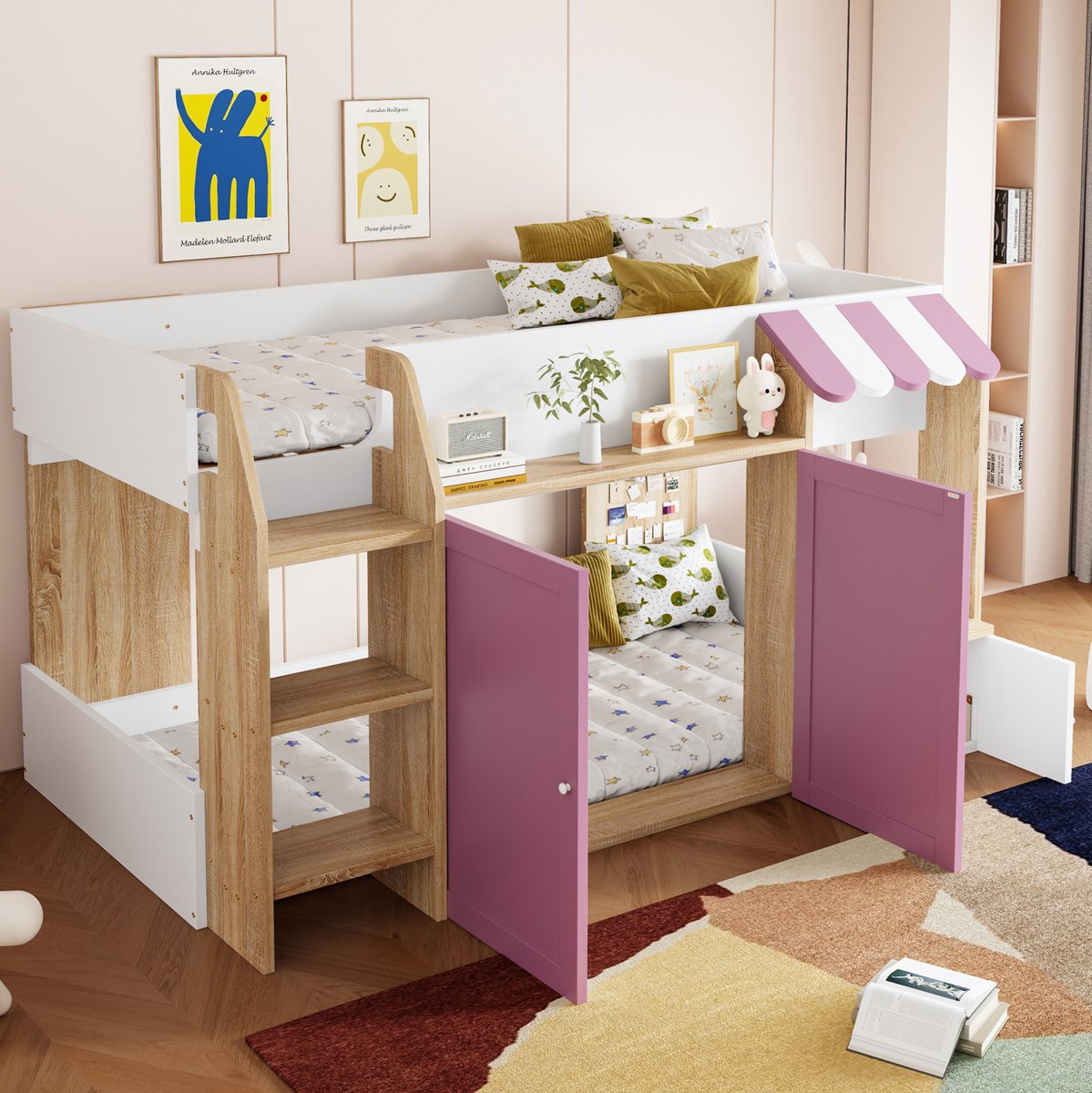 MEUNIQ halfhoogslaper kinderbed 90x200 met huisvorm, ladder, open opbergruimte en bedbodem voor kinderkamer, roze en wit