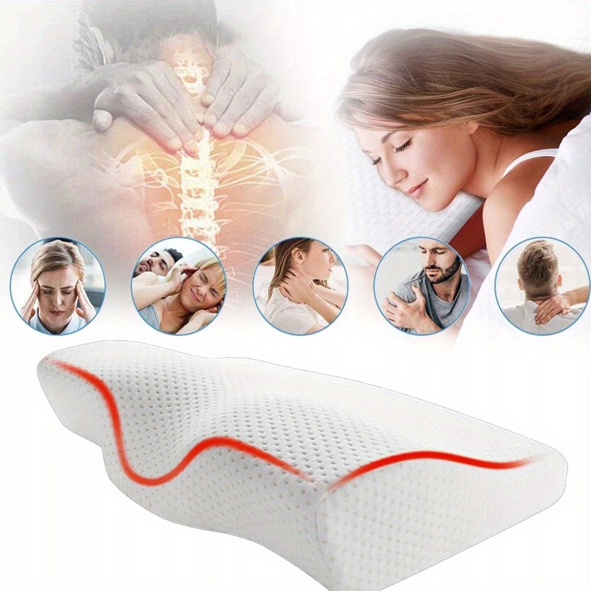 Orthopedisch Traagschuimkussen Voor Slapen - Ergonomische Vorm - Koelende Ademende Stof - Zijdezachte Hoes - Voor Rug-, Zij- En Buikslapers - Wit
