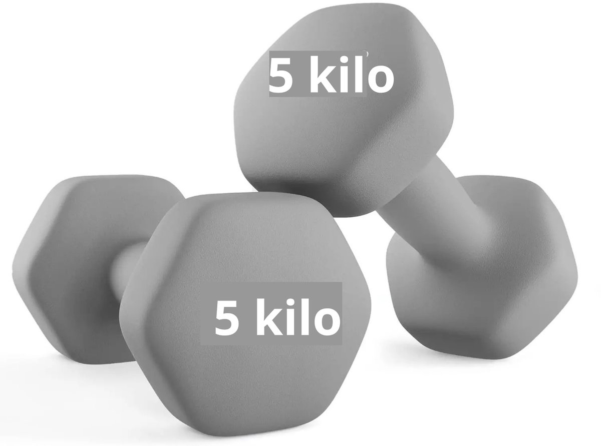 ArtiZo halterset - krachttraining - ergonomisch gevormd - noepreen coating - 6-hoekig - 2 x 5 kg - grijs