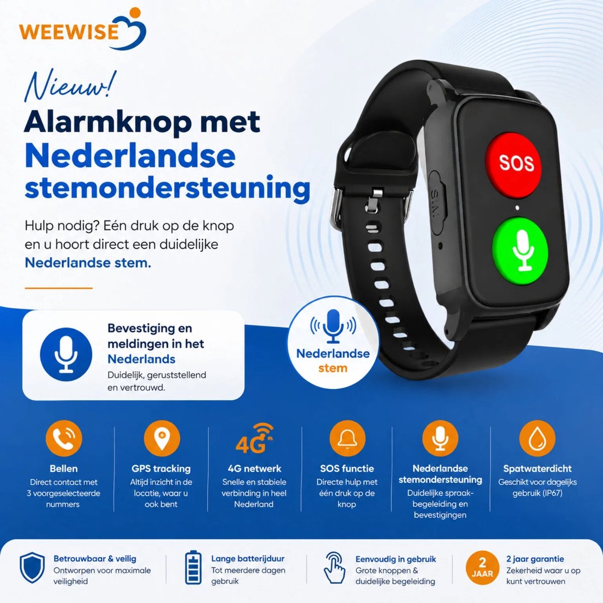 Weewise WS69 - GPS Horloge Senior - Smartwatch voor Ouderen - Persoonlijke alarmen - alarm horloge ouderen - GPS Horloge Alzheimer - Valdetectie