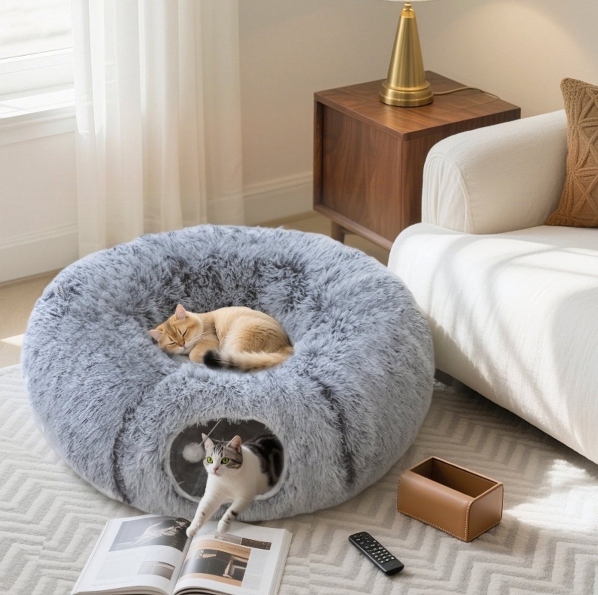REDOM - Dierenmand - 3-in-1 kattentunnel - Opvouwbaar met metalen frame en uitneembaar wasbaar kussen - Pluche en polyester - Lichtgrijs - 170 x 90 x 27 cm