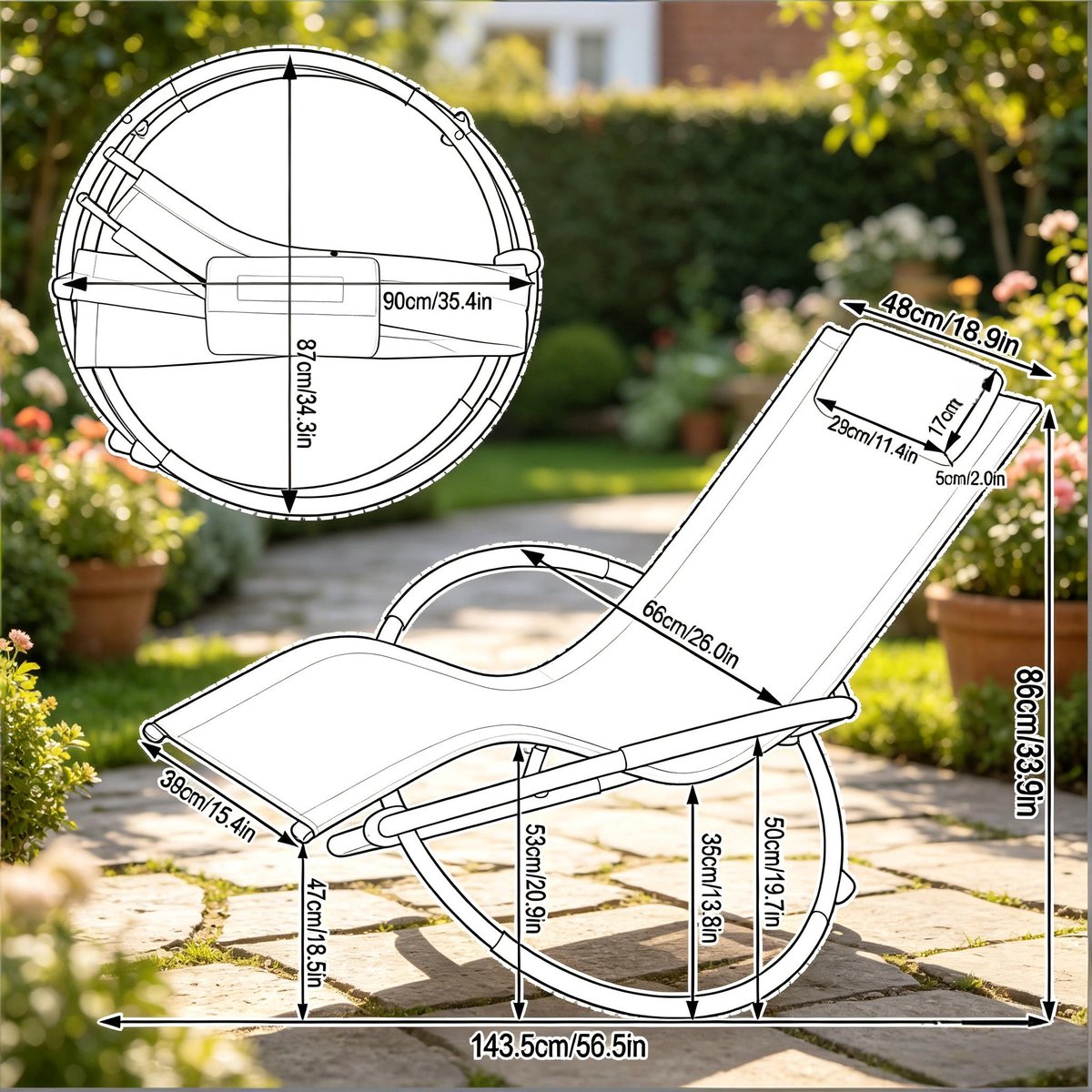 Chaise Longues Outdoor Recreational Ademende Schakelstoel Balkon Camping met Handlenen en Hoofdleuning Zonnebad - Zwart