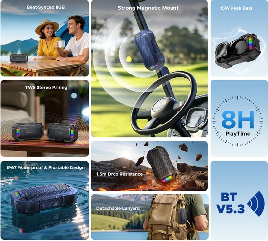 DOOGEE Mag Grip - Bluetooth Speaker - Magneet Draadloze Bluetooth Speaker - IP67 Waterdicht & Drijfvermogen - Zwart — afbeelding 4