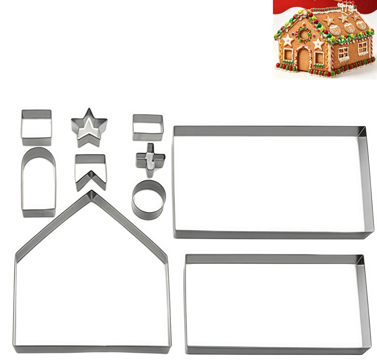 10-delige set - 3D gingerbread house koekjesvorm set - koekjesuitsteker - fondant uitsteker - bakvorm - makkelijk loslaten - RVS- kerst bakken, kind DIY knutselen, feestje traktaties, taart decoratie, fondant vormen - zilver