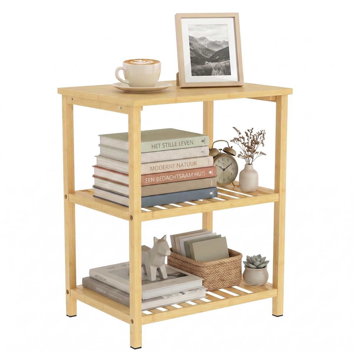 Bamboe bijzettafel - 3 etages - Lamellenplanken - Voor kleine ruimtes, woonkamers en slaapkamers-Naturel