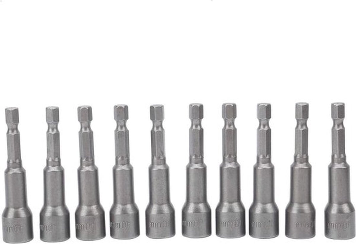 Magnetische zeskant-socketset - chroom-vanadium staal - 10 mm - adapter - 10 stuks - geschikt voor doe-het-zelf - zilverkleurig metaal.