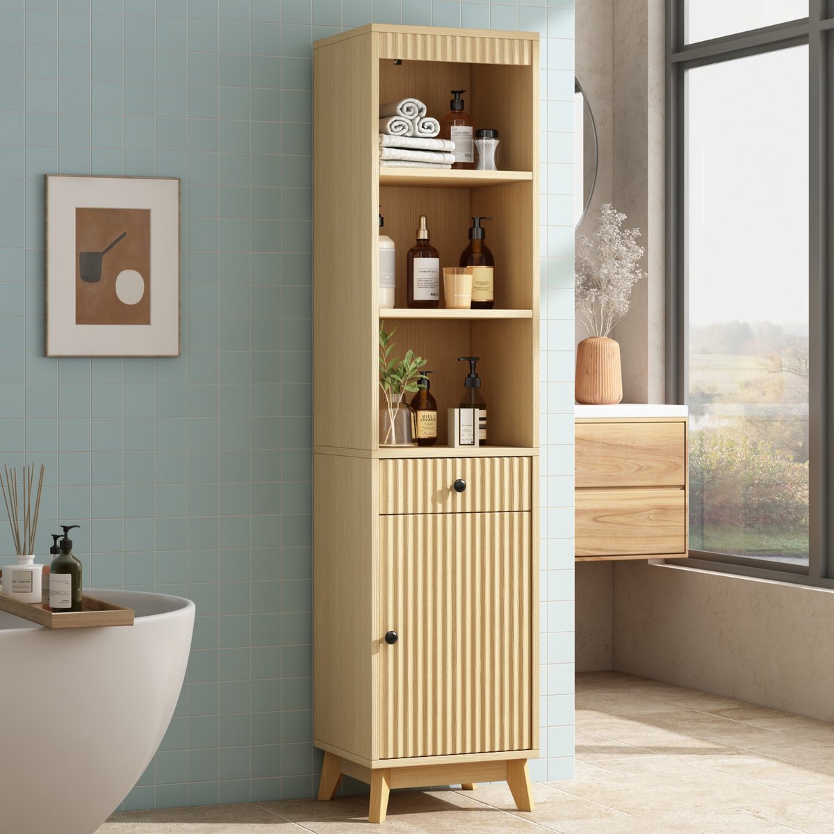 OKWISH Badkamerkast – Hoge Kast Met Lade En Open Vakken – Omkeerbare Deur – Zachtsluitend – MDF Naturel Houtkleur – 40x36x172 cm