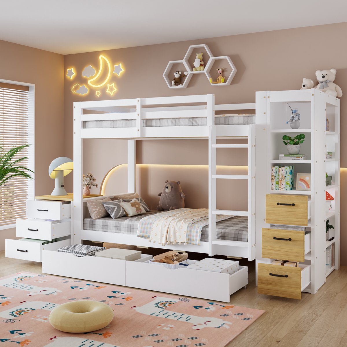 MIVRAY Stapelbed 90x200cm Zonder Matras Houten Kinderbed Met Opbergruimte En Lades Met Zijrek En Ladder Voor Kinderkamer Wit Natuurlijk