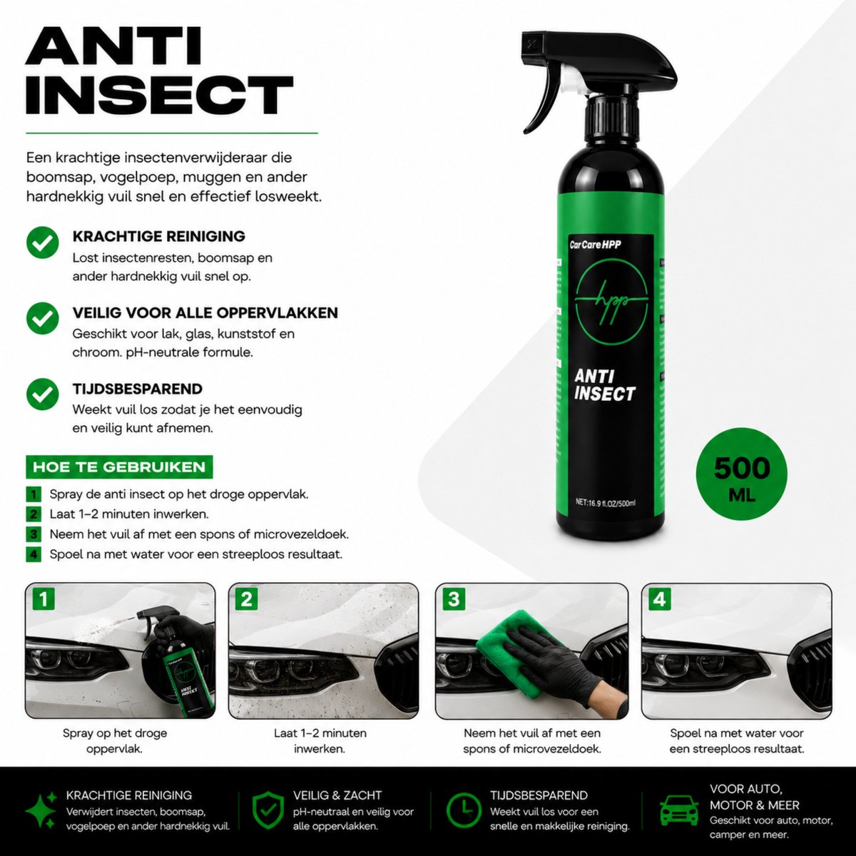 Car Care HPP Auto Was Set 8-delig – Compleet Autoverzorgingspakket met Shampoo, Snow Foam, Velgenreiniger, Keramische Coating, Tire Shine, Interieur reiniger, Glas Reiniger, Anti Insect– Perfect voor Grondige Auto Cleaning – foto 3