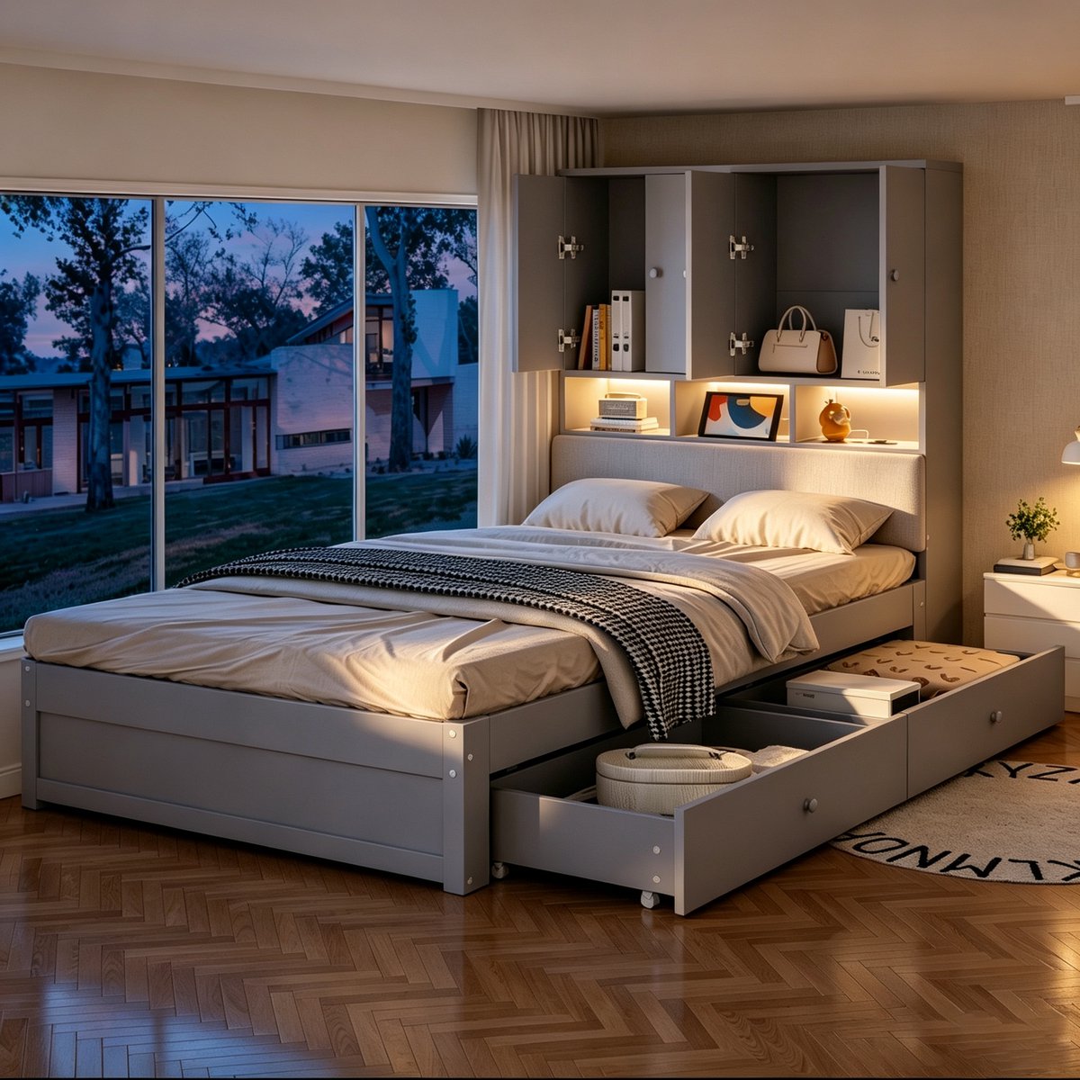 STILVORA Bed 90 x 200 cm – Multifunctioneel Eenpersoonsbed Met Hoofdbordopbergruimte, Led Verlichting En Stopcontact, Met Laden – Grijs – Zonder Matras
