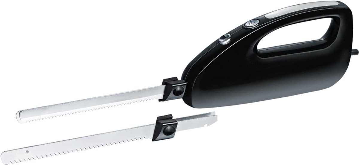 QUOVO® Elektrisch Broodmes - Elektrisch Mes Met QUOVOgerbescherming – Broodsnijder Incl. Twee Roestvrijstalen Messen - Electrisch Broodmes - Zwart - 15cm x 6cm x 8cm