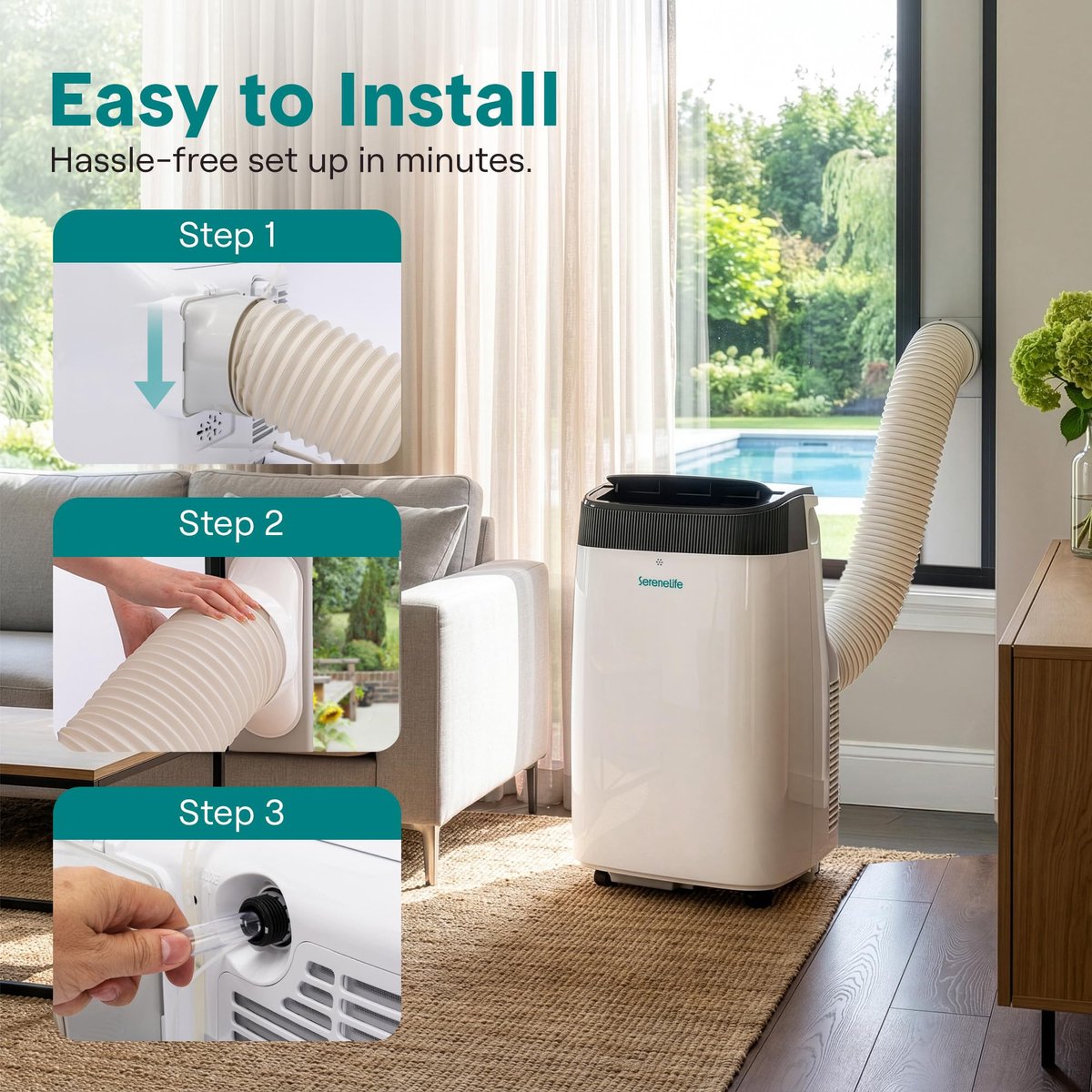 Mobiele airco 12.000 BTU – 3-in-1 airconditioner – stil – met ontvochtiger, raamkit en afstandsbediening thumbnail 6