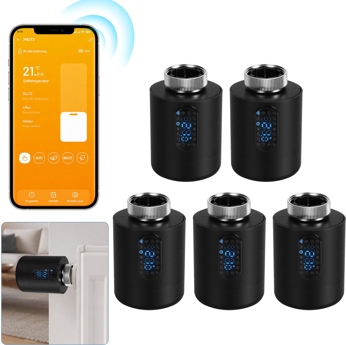 Slimme Thermostaatkraan voor Radiator – WiFi, App en 6 Modi – Zwart – 5-pack