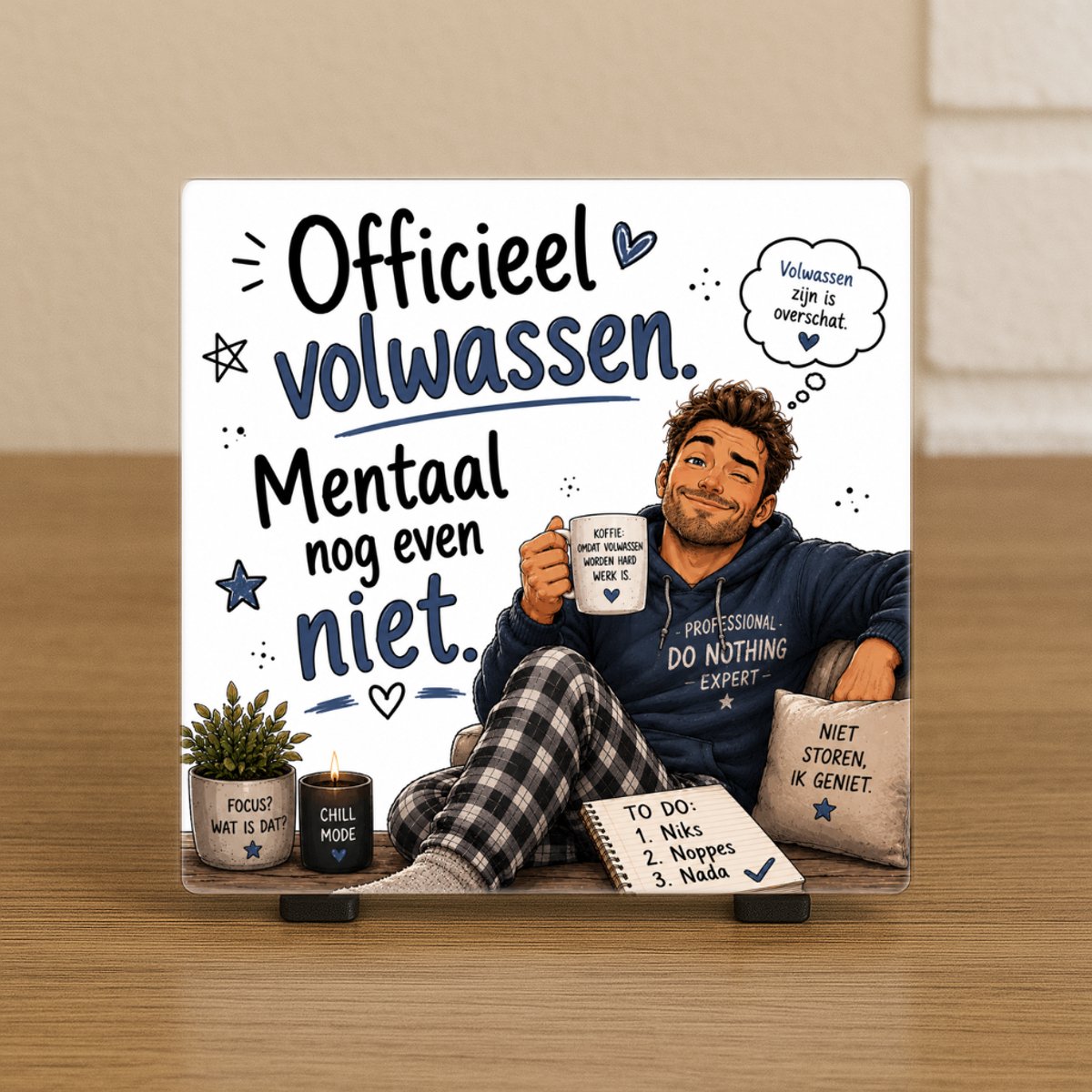 CreaCraft Spreuktegel “Officieel volwassen. Mentaal nog even niet” – Cadeau tegeltje – Trendy nu – Woondecoratie – Vriend(in), familie, collega – Zomaar – Incl standaard – Cadeau idee – Wenstegeltje