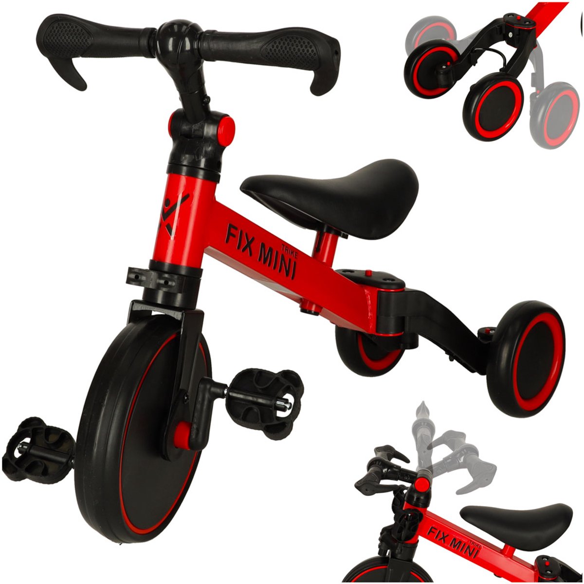 Fix Mini 3in1 driewieler trike met pedalen - tot 30kg - van 15 - 4 jaar oud - rood zwart - loopfiets - goed voor de ontwikkeling - aluminium frame