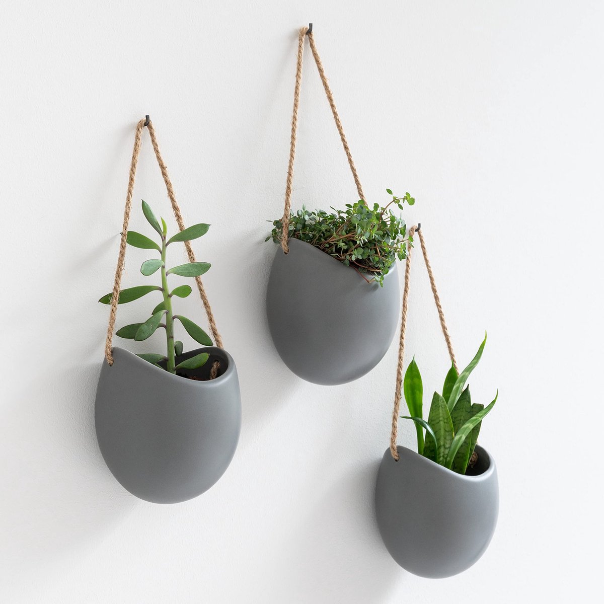 Famanu – Wandplantenbakken set van 3, hangende keramische plantenpotten, wanddecoratie voor binnen, balkon en tuin, grijs (mat