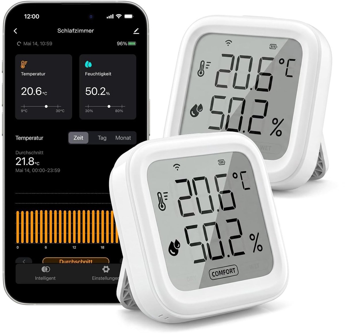 Wifi-thermometer - Wit - Set van 2 - Wifi Hygrometer voor Binnen - Temperatuur- en Luchtvochtigheidsmonitor voor Thuisgebruik