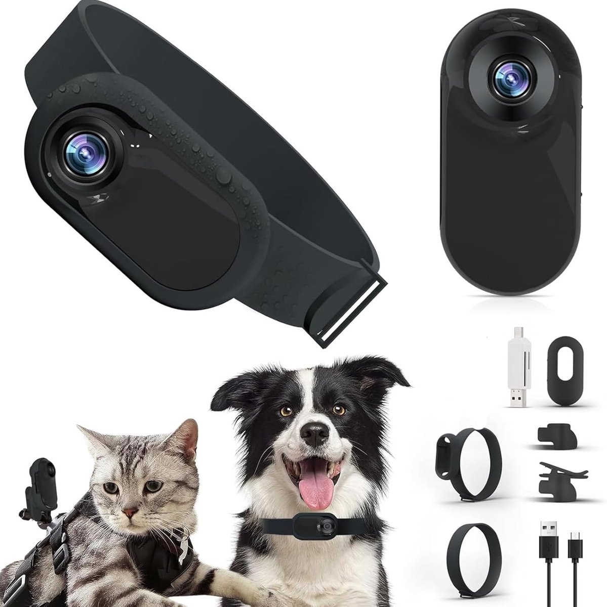Kattenhalsbandcamera, 1080p HD huisdiercamera met video-opname, geen app nodig; hondenhalsbandcamera geschikt voor binnen- en buitengebruik, 170° groothoeklens, lichtgewicht ontwerp.
