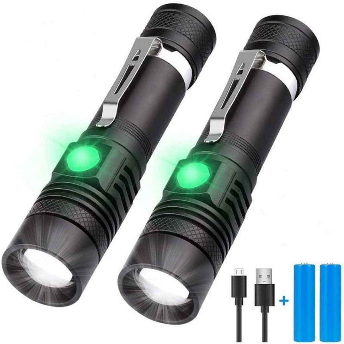 SSTRWGOOD 2 Stuks Zaklampen - Tactische LED Zaklamp - 2000 Lumen IPX6 Waterdicht Zoomfunctie 4 Modi - Geschikt voor Wandelen, Kamperen en Noodgevallen - Aluminium Behuizing - Inclusief Batterijen en Oplaadkabel - 12x2,7x2,4cm