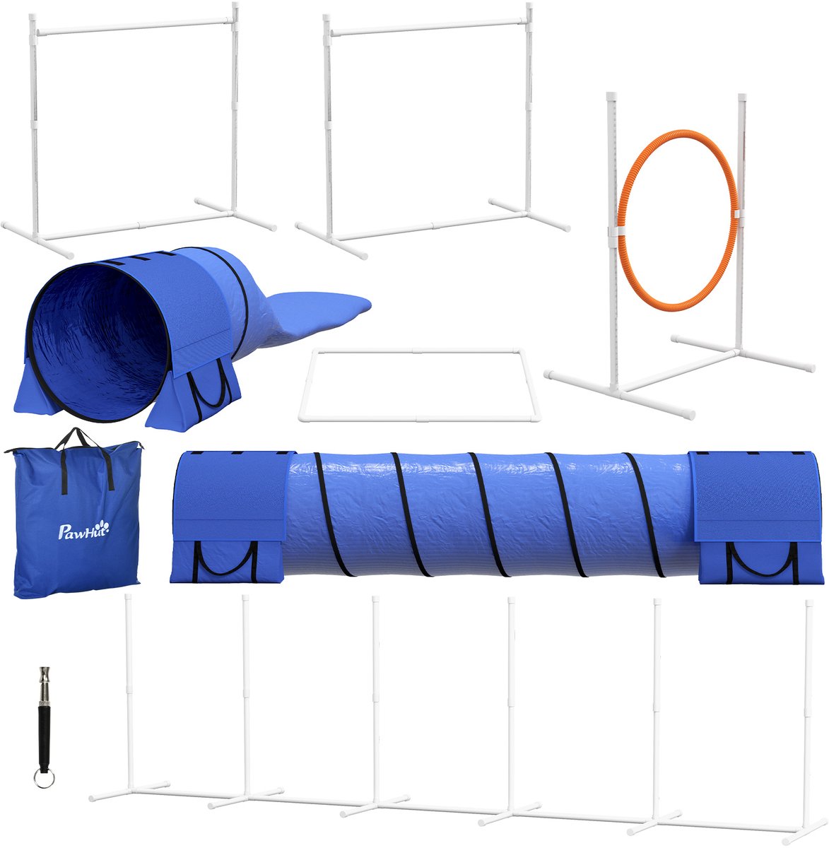 Hondenbehendigheidsset - hindernisbaan voor honden - 1 band - 2 tunnels - 2 horden - 321 cm x 63 cm x 93 cm - blauw + rood + wit