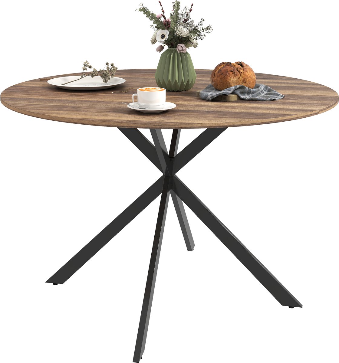 Ronde eettafel voor 4 personen - industriële keukentafel met stalen poten - voor eetkamer of keuken - donkerbruin