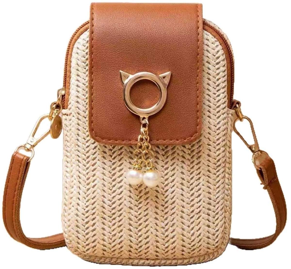 Solidchoice - Dames Crossbody Telefoontas van Raffia met Verstelbare Schouderriem