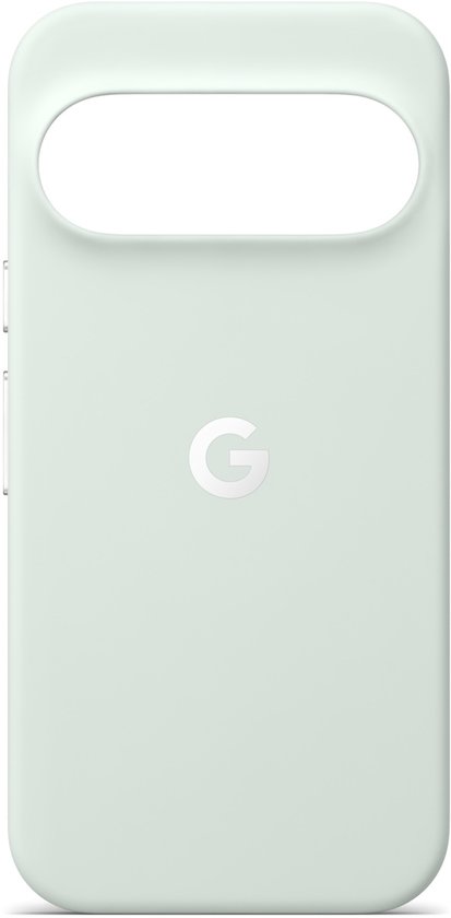 Lichtgroene magnetische telefoonhoes met Google G-logo, op de achterkant.
