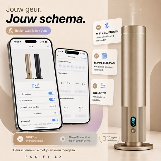 Gouden FUSIFY LX diffuser met smartphone die de app toont. "Jouw geur. Jouw schema."