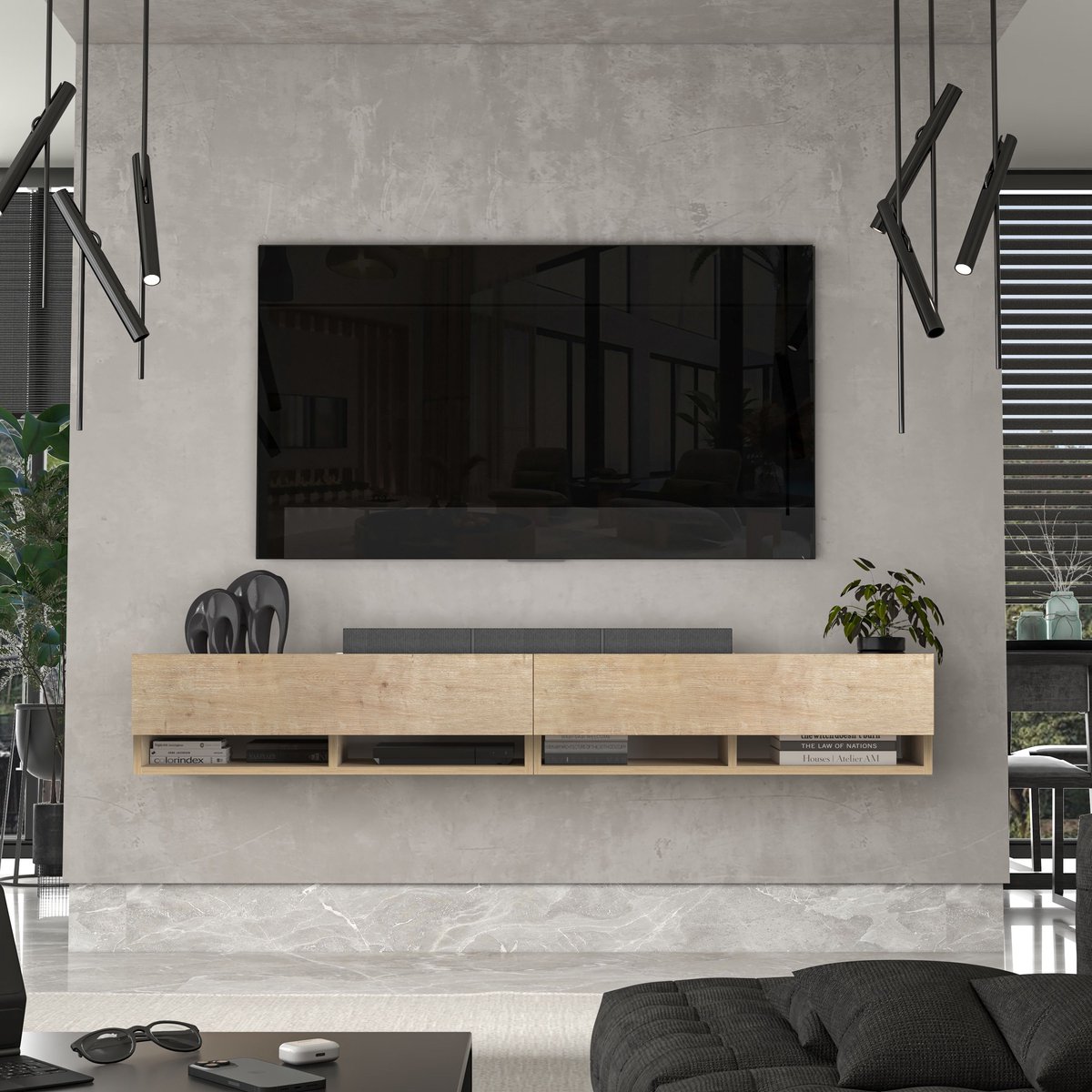Brandloop - Zwevend tv-meubel - 180 cm - 2-delig - Eikenkleur