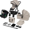 Beige kinderwagen, reiswieg, autostoeltje en verzorgingstas.