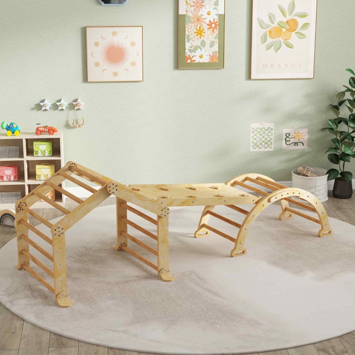 REDOM - Klimrek - 9-in-1 speelset - Kletterboog met ladder en dubbelzijdige glijbaan - Schrijfbord - Binnen - Hout - Naturel hout - 247 x 80 x 87,5 cm