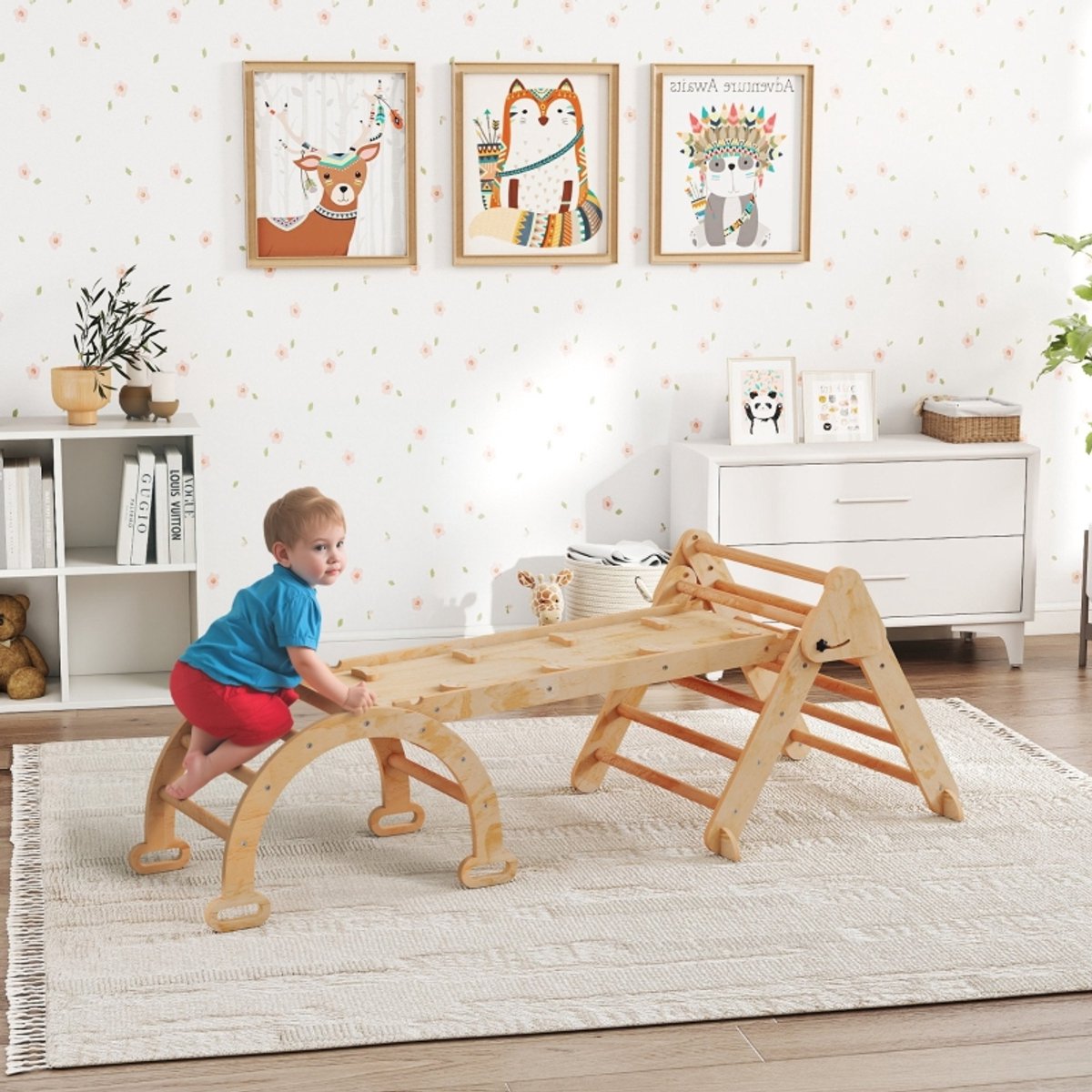 REDOM - Klimrek - 7-in-1 speelstructuur - Driehoeksladder met glijbaan en boogladder - Opvouwbaar ontwerp - Binnengebruik - Hout - Natuurlijk hout - 188 x 68,5 x 71 cm