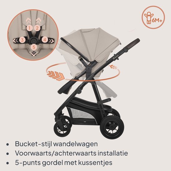 Beige kinderwagen met 5-puntsgordel, verstelbare duwstang en ruime boodschappenmand. Geschikt vanaf 6 maanden.