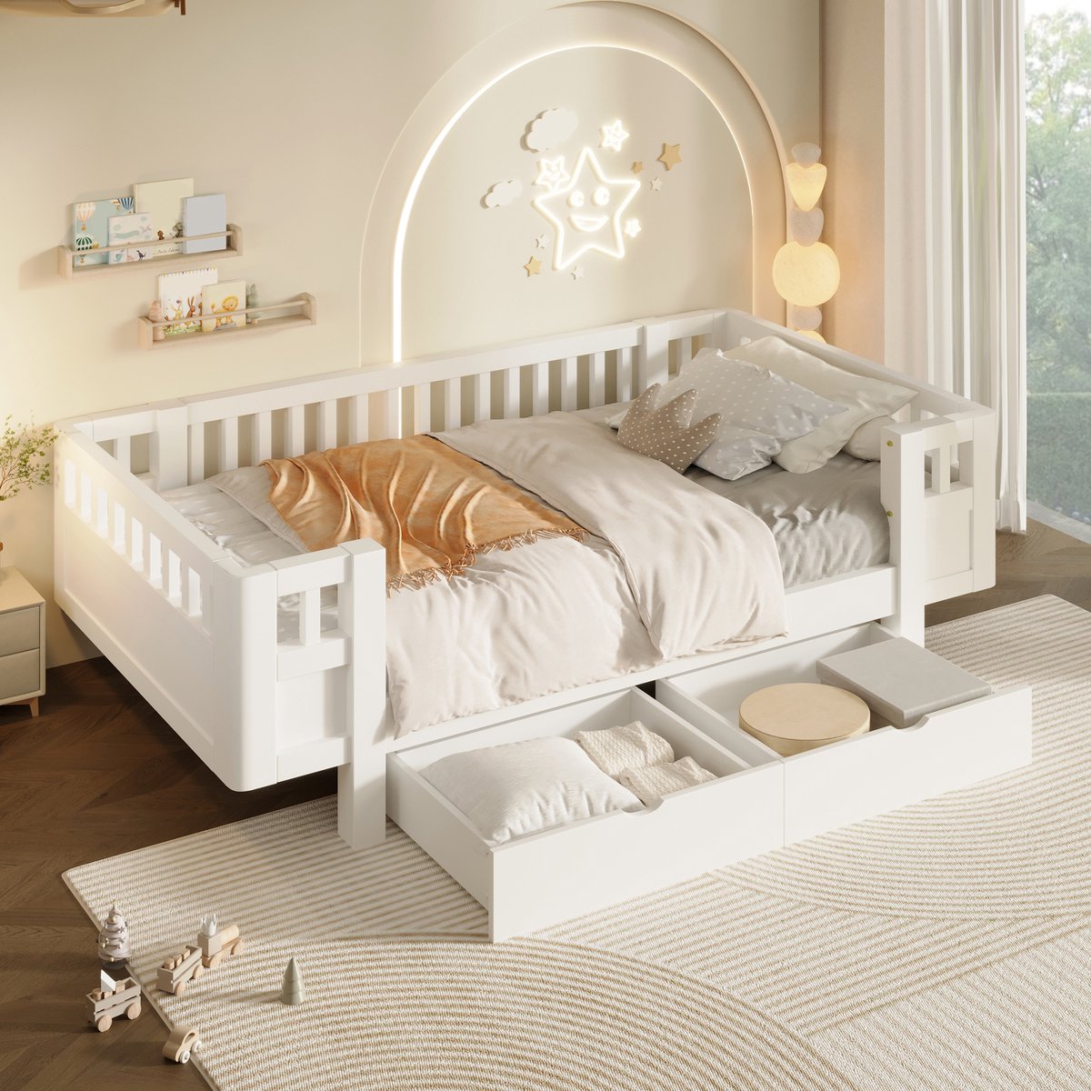 Kinderbed, Platformbed Van 90X200 cm Met Hoge Veiligheidsrail En Twee Grote Lades-Wit