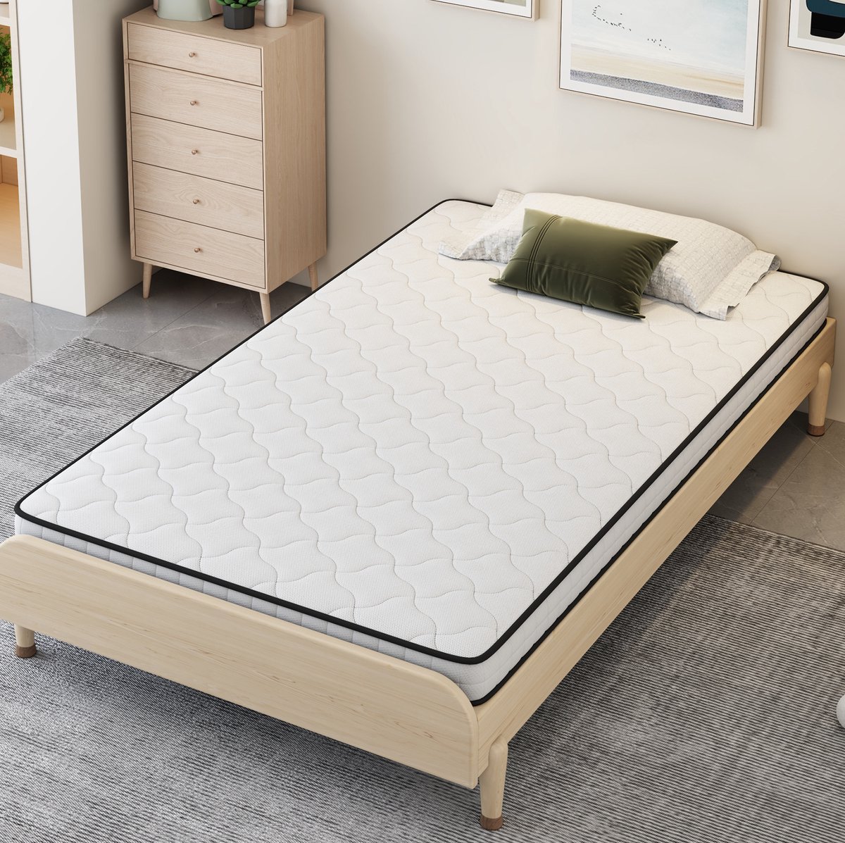 REDOM - Matras - Federkernmatras - Ergonomisch ontwerp - Lendensteun - Geschikt voor rug-, buik- en zijslapers - Slaapkamer en slaapbank - Stof en metaal - Wit - 90 x 190 x 10 cm
