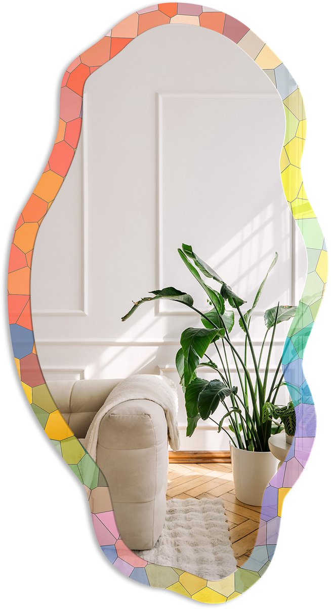 Coloray Kleurrijk Mozaïek Spiegel - Geel Moderne Rechthoekige Wandspiegel - Organische Spiegel - Woonkamer, Kantoor, Hal - Abstract - 45x90 cm - Totale afmeting 52x97 cm