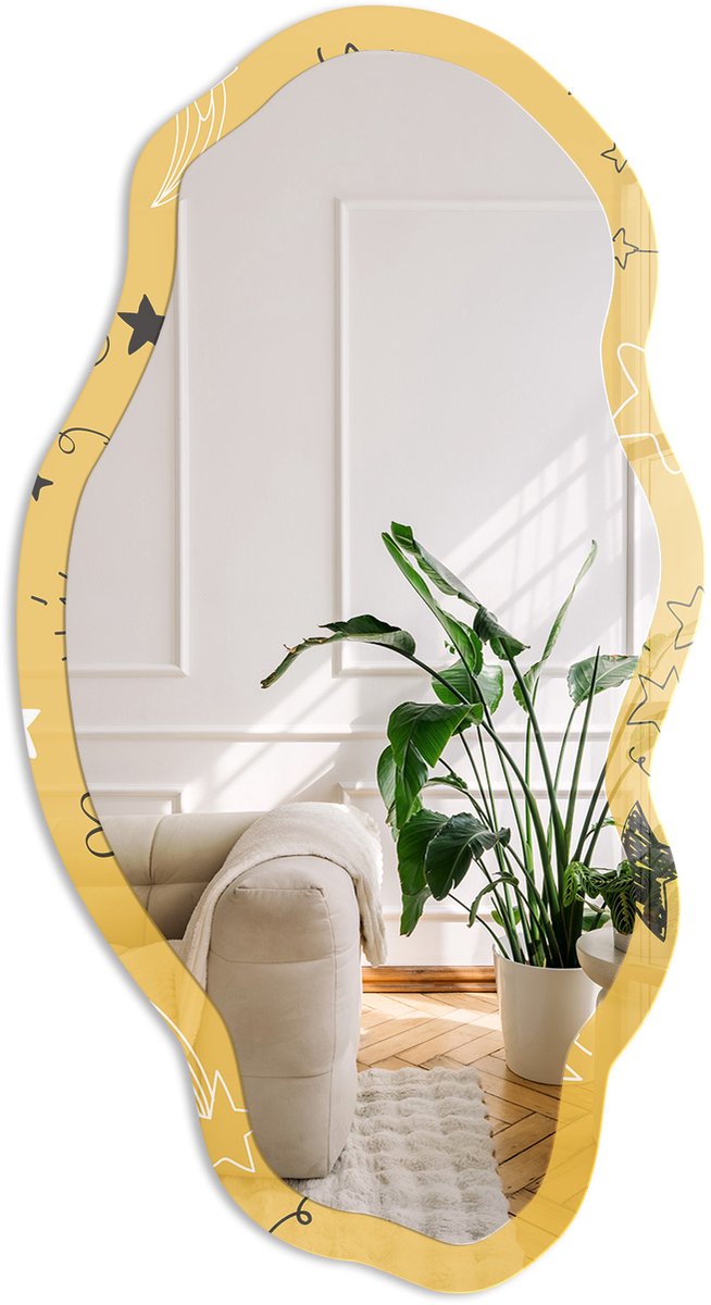 Coloray Stermotief Spiegel - Geel Rechthoekige Spiegel Voor Interieur - Organische Spiegel - Slaapkamer, Woonkamer - Illustratief - 45x90 cm - Totale afmeting 52x97 cm