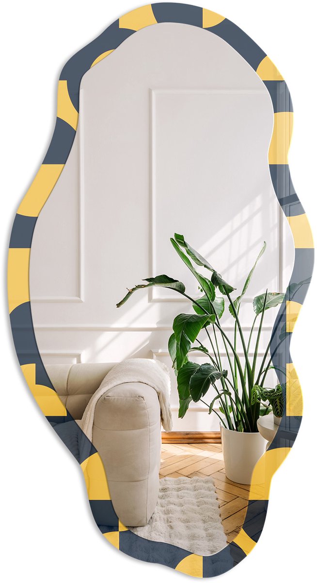 Coloray Geometrisch Patroon Spiegel - Geel Rechthoekige Spiegel Voor Interieur - Organische Spiegel - Kantoor, Woonkamer, Hal - Geometrisch - 45x90 cm - Totale afmeting 52x97 cm