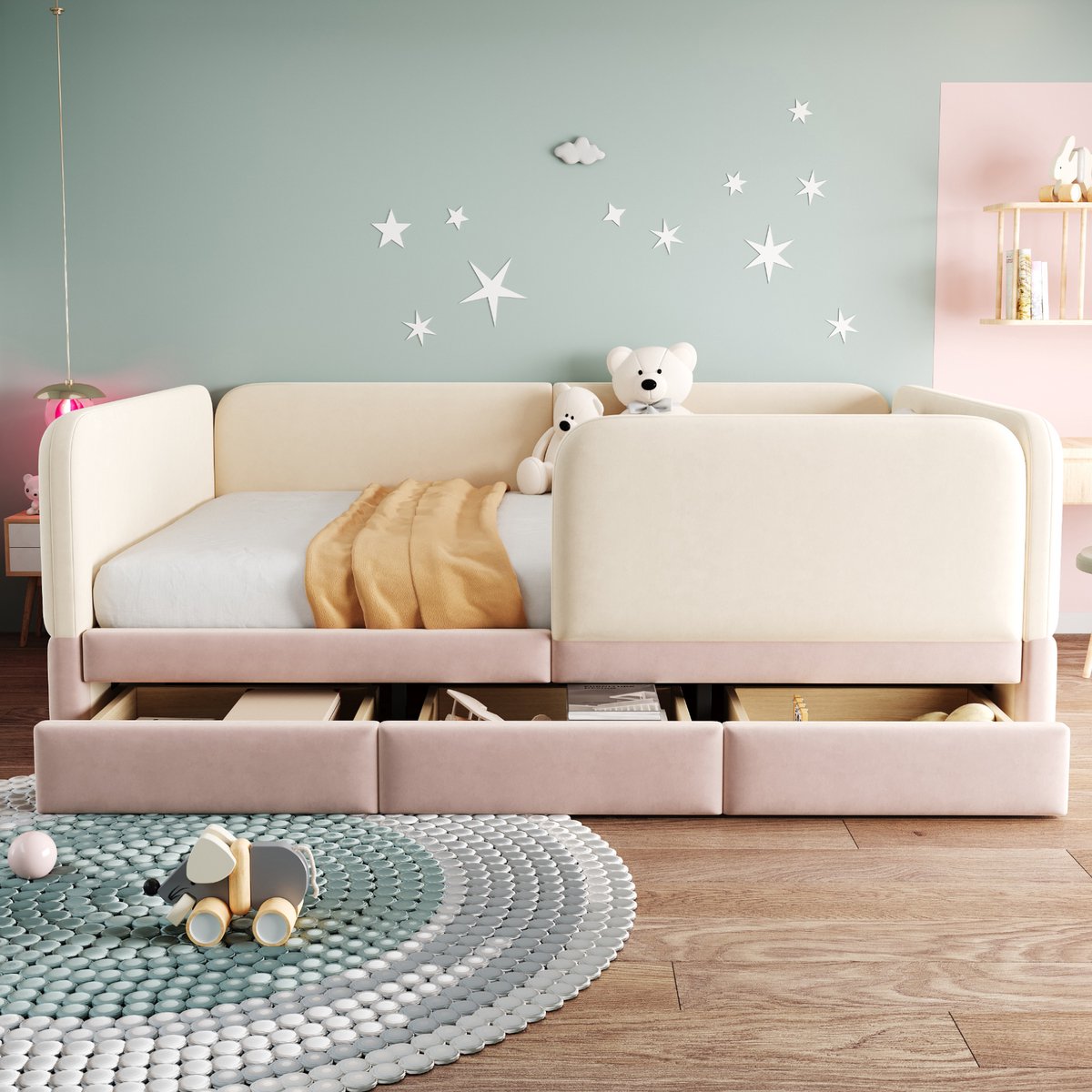 OKWISH Kinderbed 140 x 200 cm Met Veiligheidsrand En Opbergladen - Zacht Velours - Met Matras Zonder Matras - Beige Roze