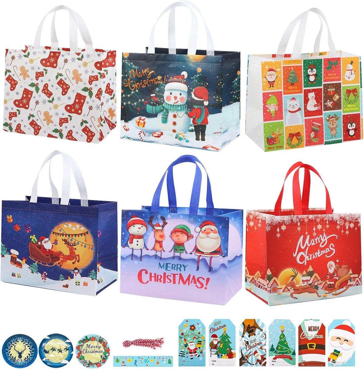 Herbruikbare kersttassen met handgrepen voor boodschappen, kerstdecoratie en traktaties