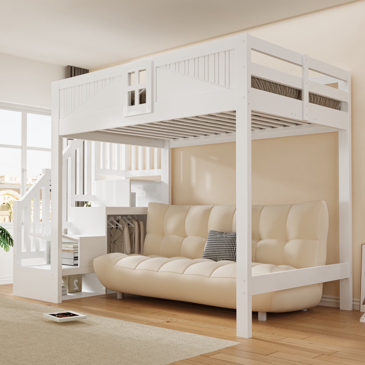 Kinderbed, Hoogslaper Van Massief Hout, 140 X 200 cm, Met Unieke Veiligheidsleuning, Raam, Opbergladder Die Aan Beide Zijden Verwisselbaar Is, Multifunctioneel Bed-Wit-c