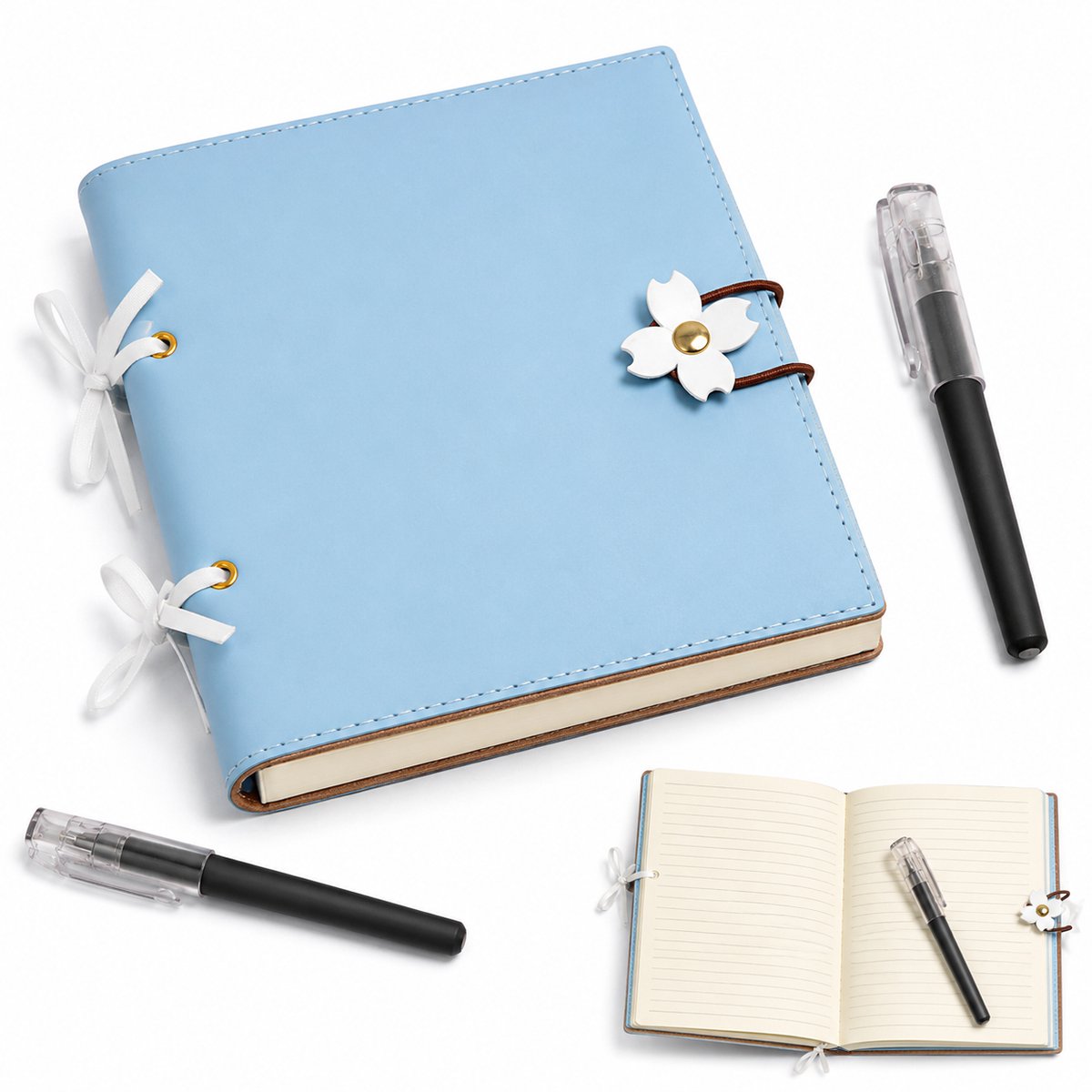 VHV - Notitieboek - Blauw Dagboek - Bloemmotief -3D Sluiting 15x15cm - 240Vellen -Inclusief twee pennen- Notitieboeken - PU Lederen Schrijfblok voorSchool, Studie, Werk Journaling en Schetsen