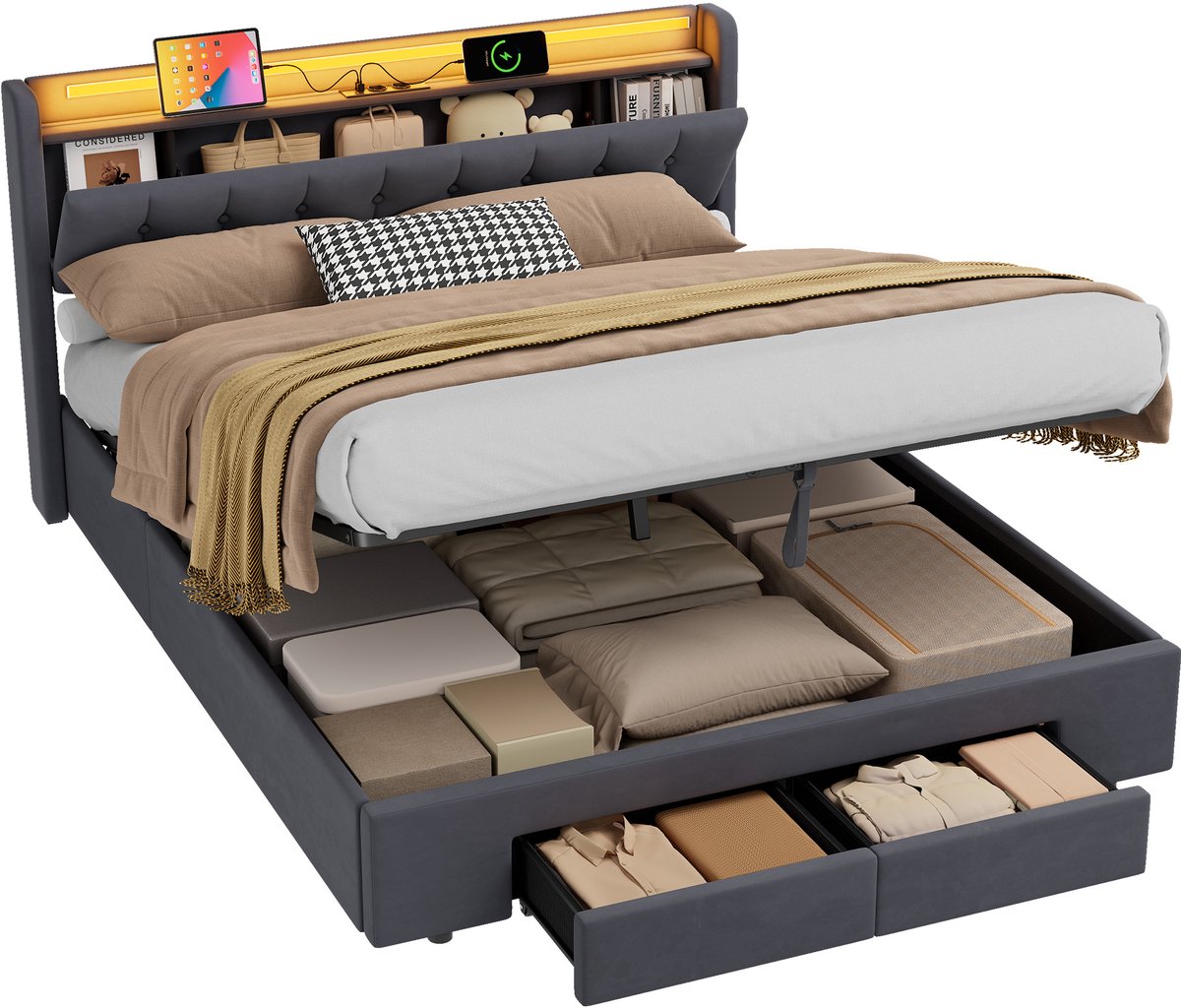 MEUNIQ Gestoffeerd opbergbed 160x200 cm met 2 laden, USB-poort en sfeerverlichting, fluwelen bedframe met opbergruimte, donkergrijs