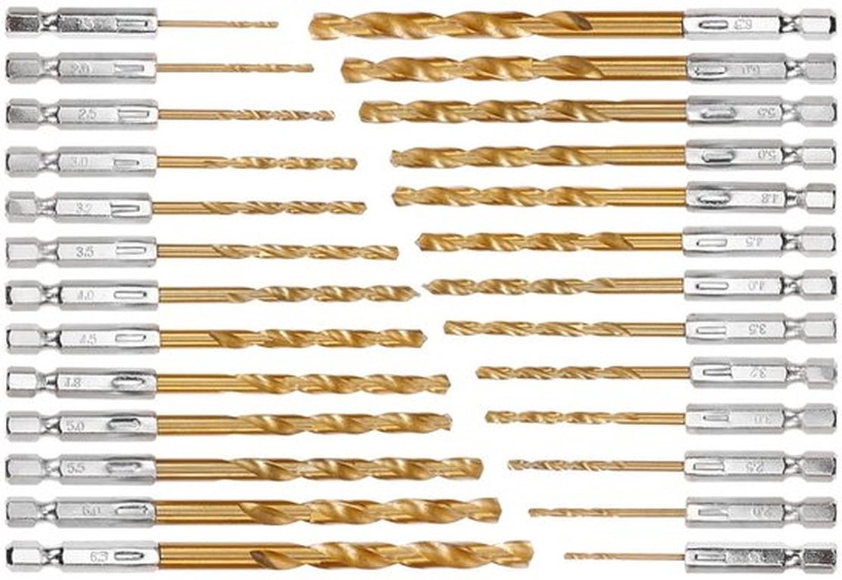 Boorset 26-Delig - Titanium Coated HSS - 1.5-6.5mm - Hex Shank - Snelle Verandering - Corrosiebestendig - Geschikt voor Metaal - Boor