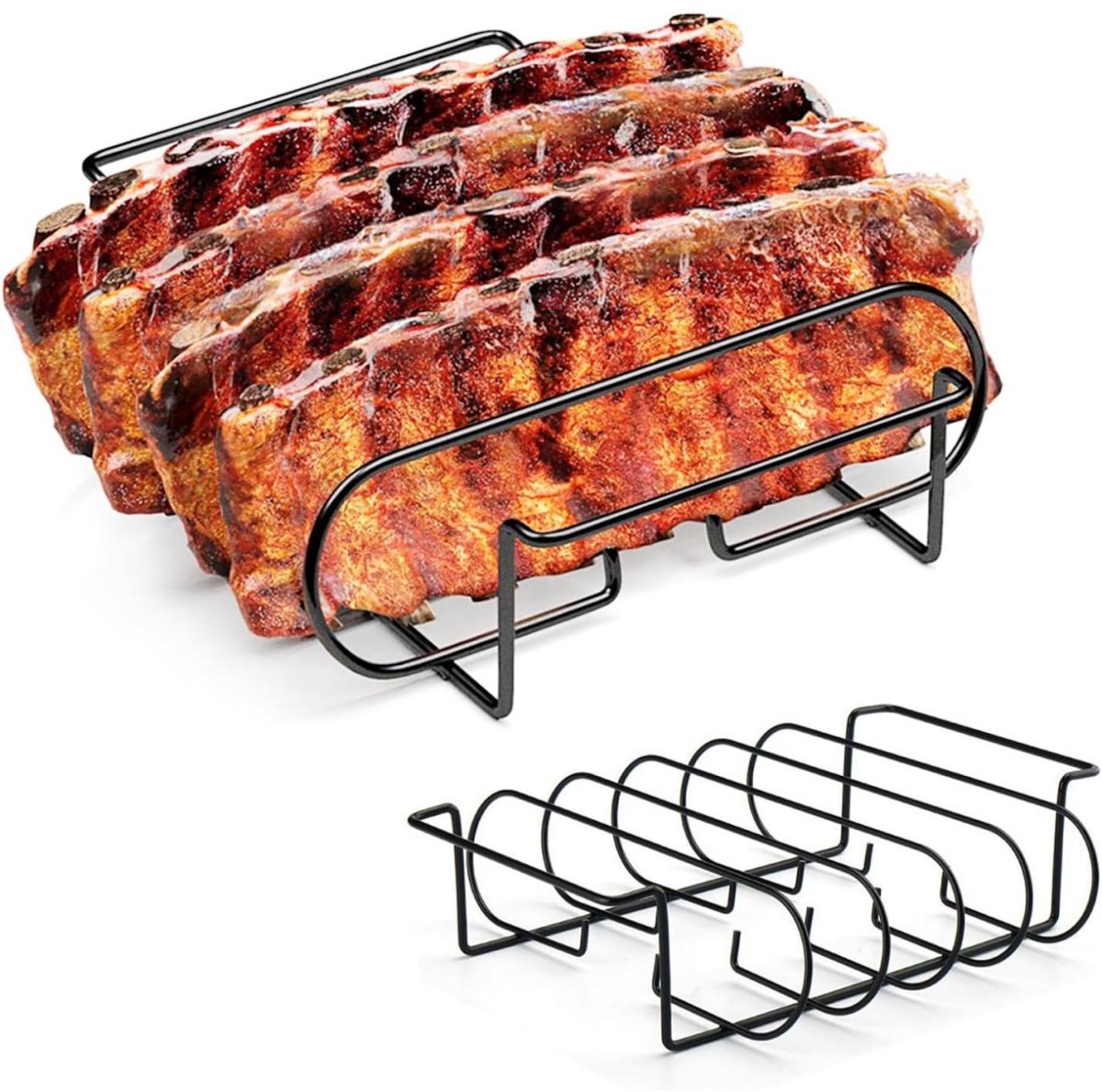 GELLDG Spareribs Halter Grillrooster - Niet-klevend Rippchenhalter voor Oven - Geschikt voor 4 Ribs - Metaal Bakaccessoire 31x25x7,3 cm - Vaatwasserbestendig en Ovenveilig