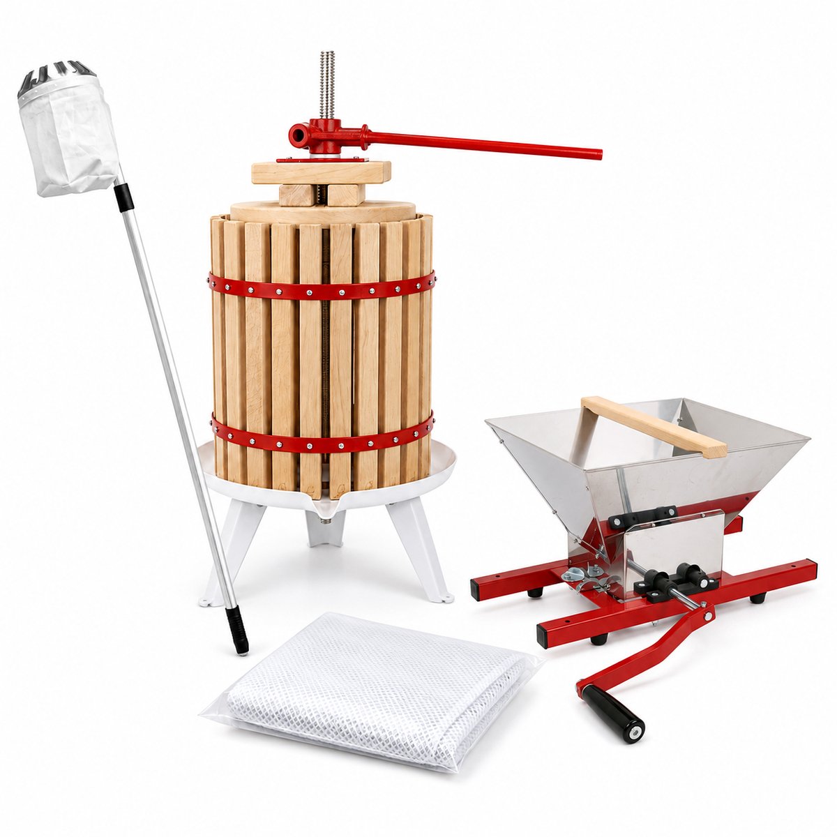HOME It® Fruitpers Set 18 L - Eikenhout Appelpers met Fruitmolen 7 L, Telescopische Fruitplukker 150-260 cm & Gratis Sapzak - Voor Sap & Cider