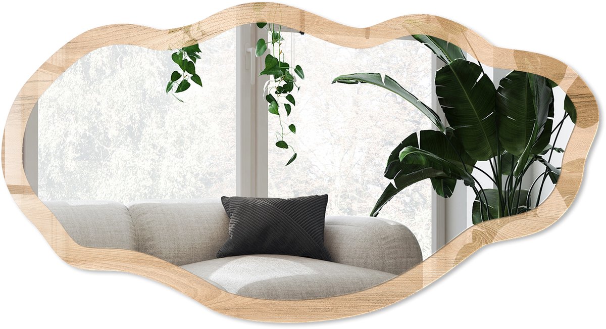 Wallfluent Beige Patroon Spiegel - Beige Moderne Rechthoekige Wandspiegel - Organische Spiegel - Woonkamer, Kantoor, Slaapkamer - Minimalistisch - 45x90 cm - Totale afmeting 52x97 cm
