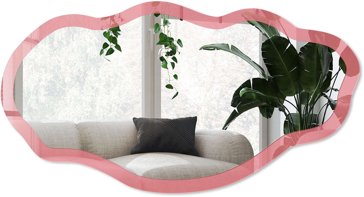 Wallfluent Zalmkleur Spiegel - Roze Moderne Rechthoekige Wandspiegel - Organische Spiegel - Slaapkamer, Woonkamer, Kantoor - Minimalistisch - 45x90 cm - Totale afmeting 52x97 cm