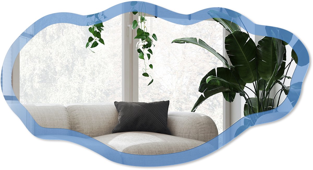 Wallfluent Blauwe Kleur Spiegel - Blauw Elegante Rechthoekige Wandspiegel - Organische Spiegel - Kantoor, Slaapkamer, Woonkamer - Minimalistisch - 45x90 cm - Totale afmeting 52x97 cm