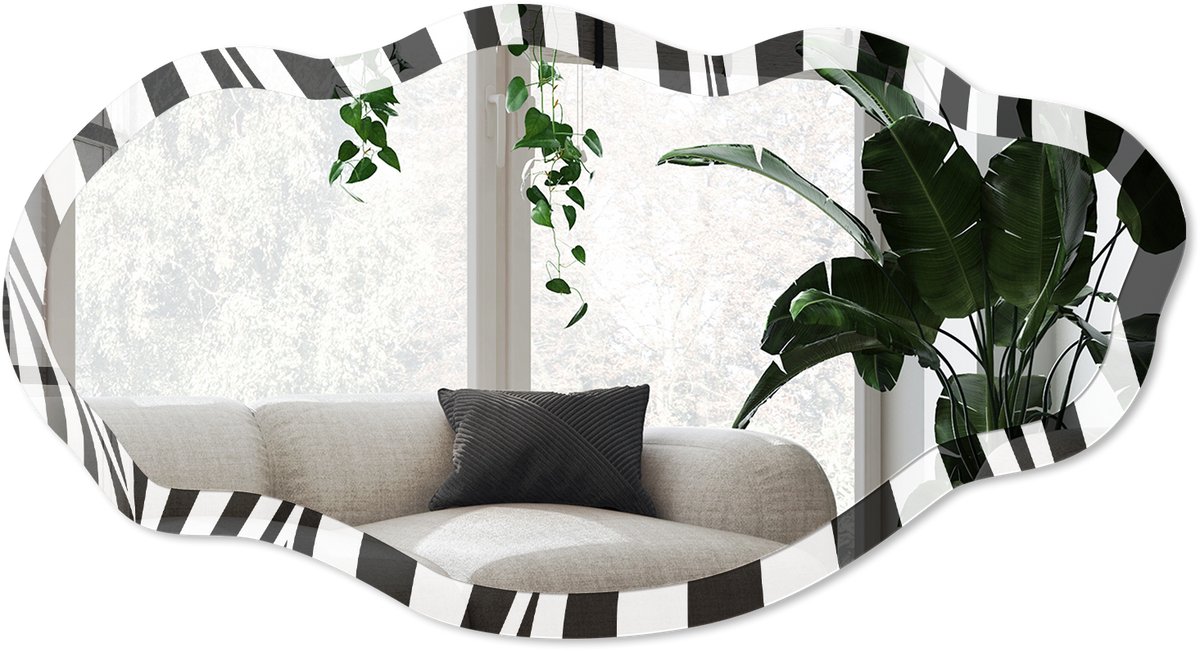 Wallfluent Op-Art Lijnen Spiegel - Zwart-Wit Stijlvolle Wandspiegel - Organische Spiegel - Woonkamer, Kantoor, Hal - Geometrisch - 45x90 cm - Totale afmeting 52x97 cm